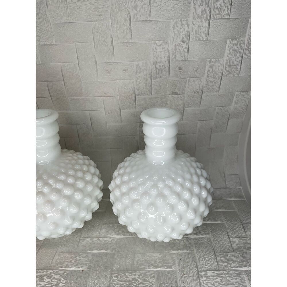 Milk Glass Hobnail Round Ribbed 5" Bud Set of 2 Vases Barber’s Perfume Bottle - Picture 5 of 12